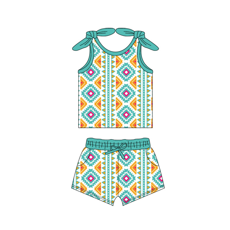 Preorder moq 5 Baby Girls Bows Sleeveless Aztec Plaid Top Pockets Short Set