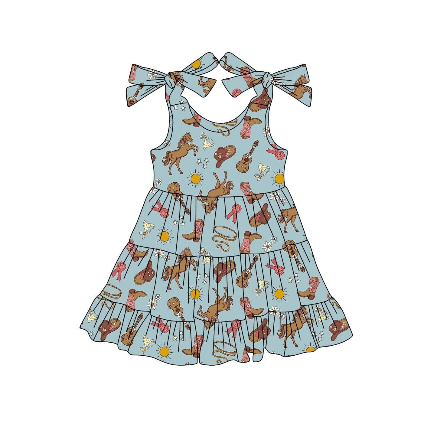 Preorder (moq 5)Baby Girls Blue Strap Boots Guitars Knee Length Dresses