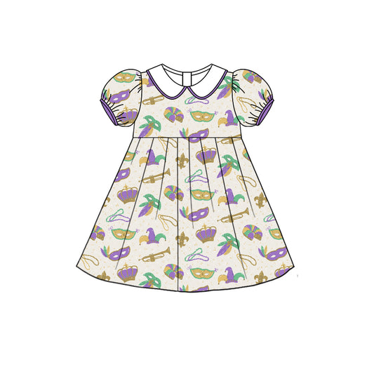 Preorder (moq 5) Baby Girl Clothes Mardi Gras Mask Crown Print Peter Pan Collar Puff Sleeve Dress