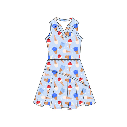 Preorder (moq 5)Baby Girls Colorful Ice Creams 4th of July Button Pleated Knee Length Dresses