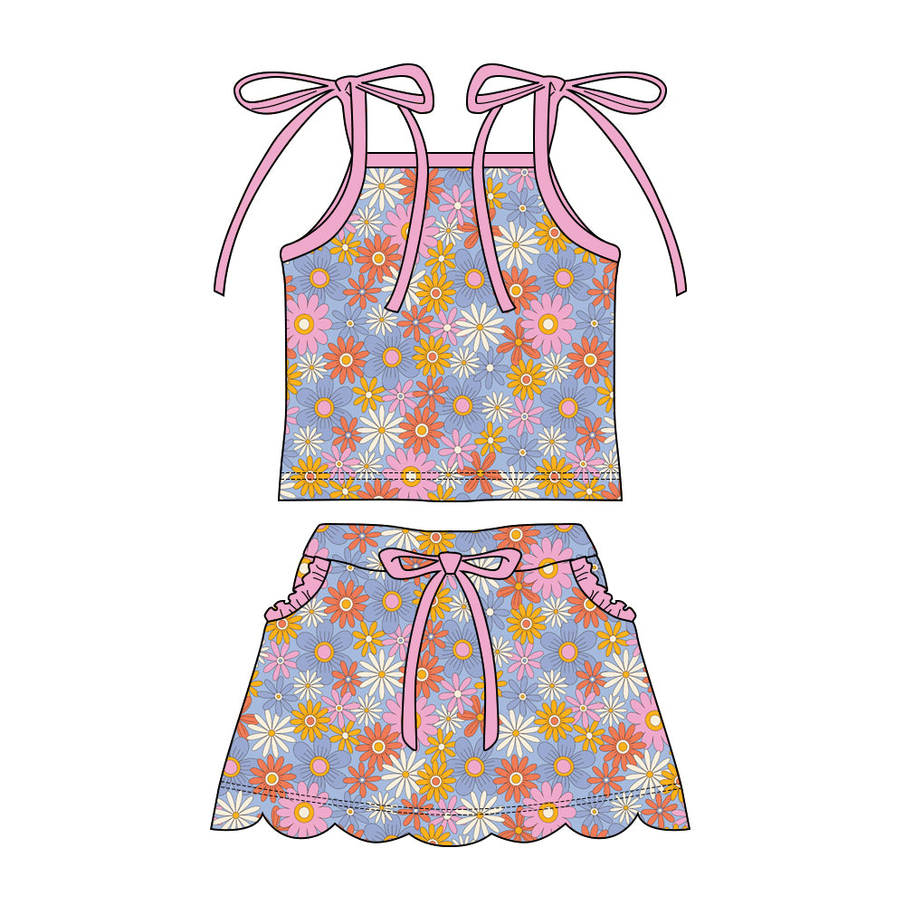 Preorder moq 5 Baby Girls Strap Colorful Daisy Top Pockets Scallop Skirt Short Clothes Sets