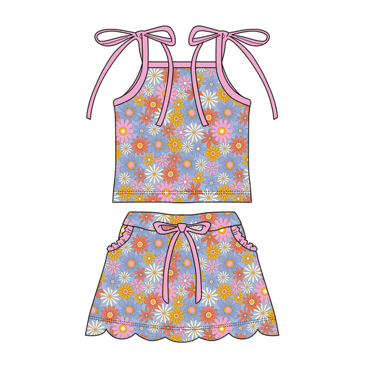 Preorder moq 5 Baby Girls Strap Colorful Daisy Top Pockets Scallop Skirt Short Clothes Sets