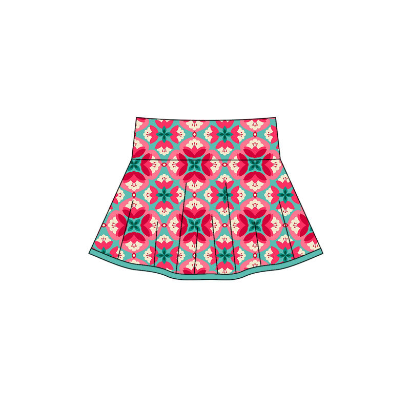 Preorder(moq 5) Baby Girls Red Flowers Checked Pleated Skirt Shorts Bottom