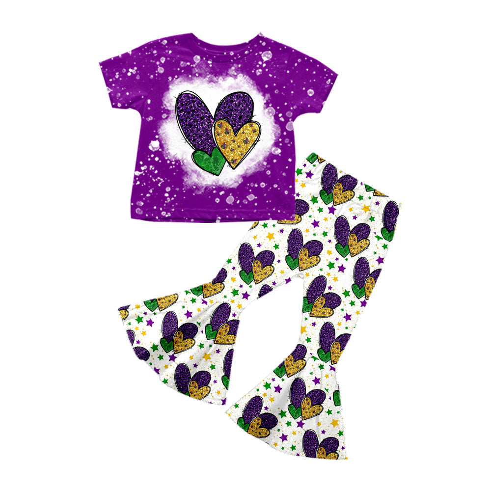 Preorder (moq 5)Baby Girls Purple Yellow Green Hearts Top Bell Bottom Pants Mardigras Clothes Sets