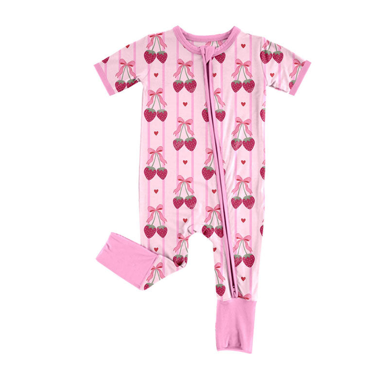 Preorder (moq 8)Baby Girls Bows Strawberry Hearts Stripe Zipper Footie Rompers