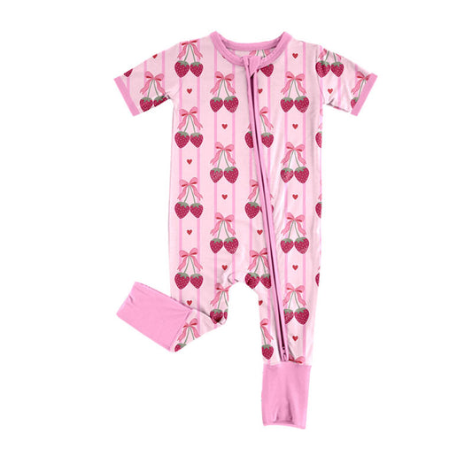 Preorder (moq 8)Baby Girls Bows Strawberry Hearts Stripe Zipper Footie Rompers