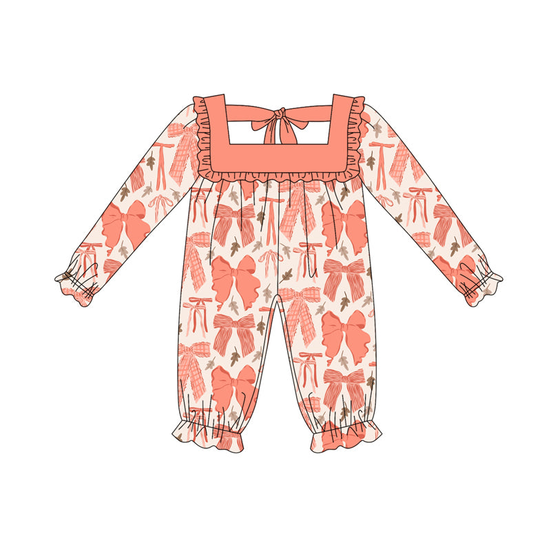 Preorder (moq 5)Baby Girls Long Ruffle Sleeves Peach Leaves Bows Rompers