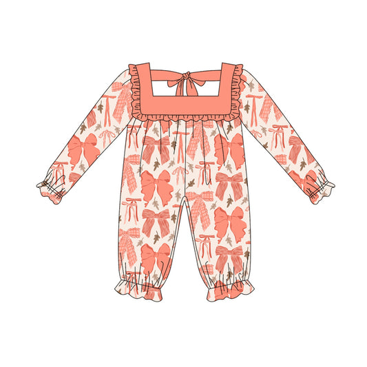 Preorder (moq 5)Baby Girls Long Ruffle Sleeves Peach Leaves Bows Rompers