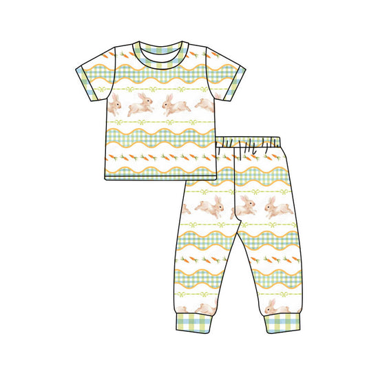 Preorder(moq 5) Baby Girls Rabbits Carrots Bows Stripe Top Pants Easter Pajamas Sets