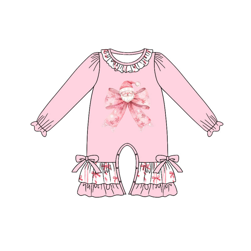 Preorder (moq 5)Baby Girls Pink Long Sleeves Bow Santa Ruffle Pant Rompers