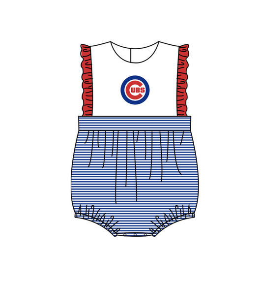 Preorder (moq 5)Baby Girls Sleeveless Stripe Cubs Team Ruffle Rompers