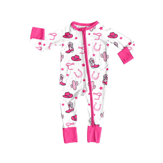 Preorder(moq 8)Baby Girls Pink Hats Boots Cactus Western Zipper Footie Rompers
