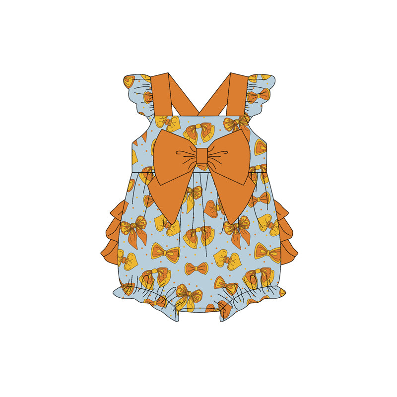 Preorder moq 5 Baby Girls Flutter Sleeves Orange Bows Bubble Ruffle Rompers
