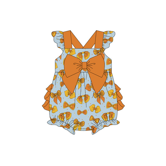 Preorder moq 5 Baby Girls Flutter Sleeves Orange Bows Bubble Ruffle Rompers