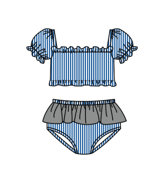 Preorder moq 5 Baby Girls Blue Stripe Vest Top Bummies Short Team Swimsuits
