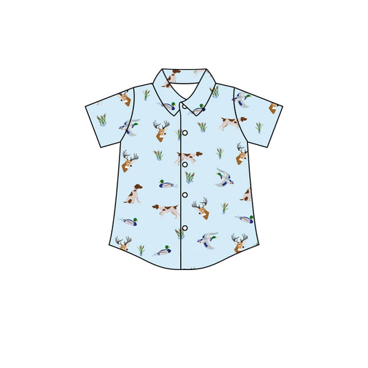 Preorder (moq 5)Baby Boys Blue Short Sleeves Button Deer Ducks Dogs Shirts Top