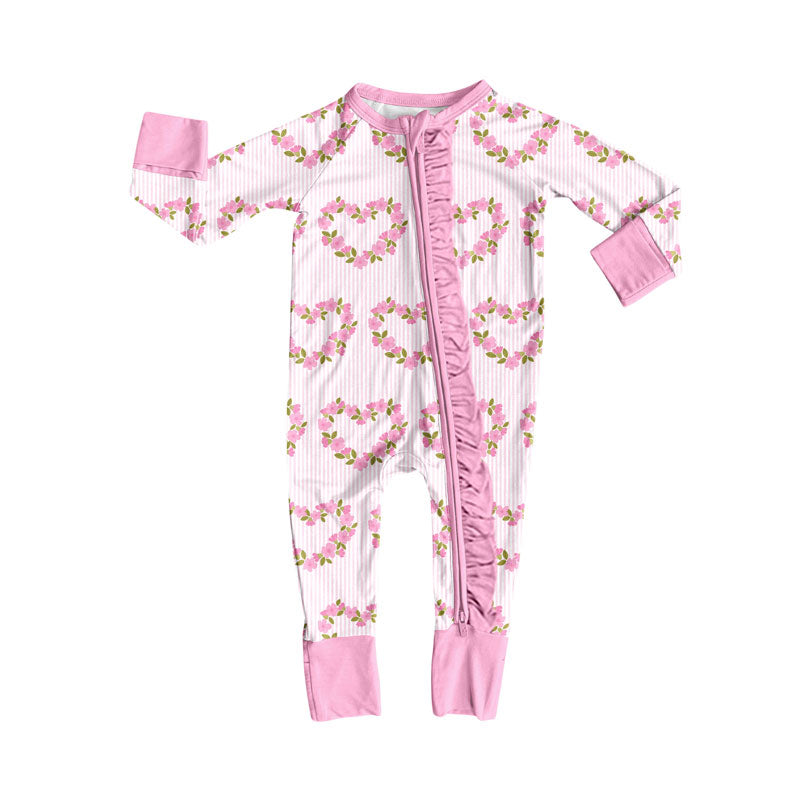 Preorder (moq 5)Baby Girls Pink Flower Hearts Valentine Ruffle Zipper Footie Rompers