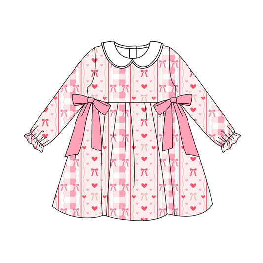Preorder (moq 5)Baby Girls Long Ruffle Sleeves Pink Bows Hearts Stripe Knee Length Dress