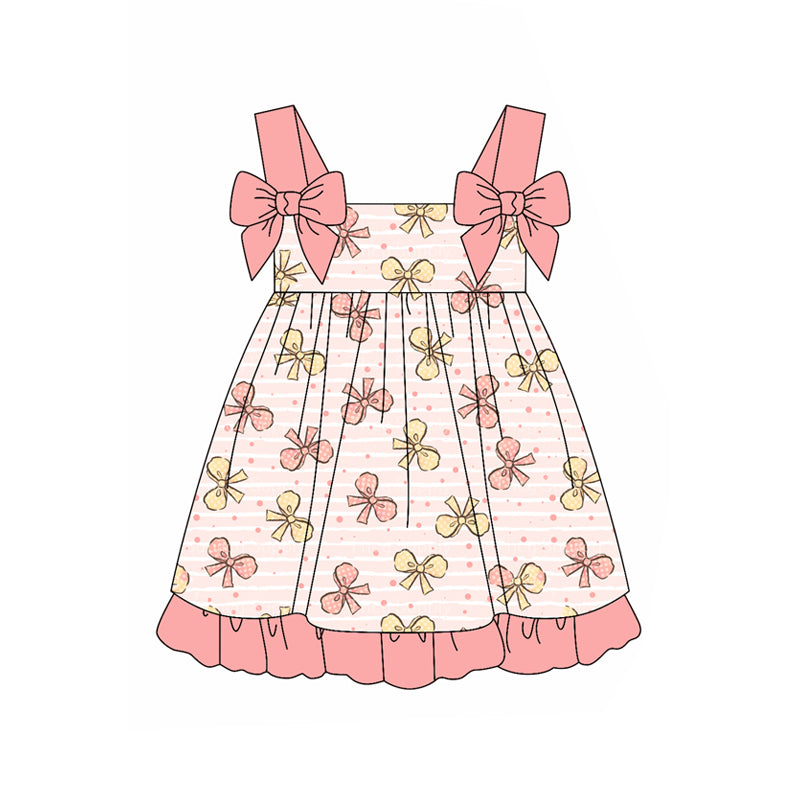 Preorder (moq 5)Baby Girls Pink Yellow Bows Straps Knee Length Dresses