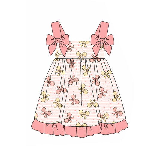 Preorder (moq 5)Baby Girls Pink Yellow Bows Straps Knee Length Dresses