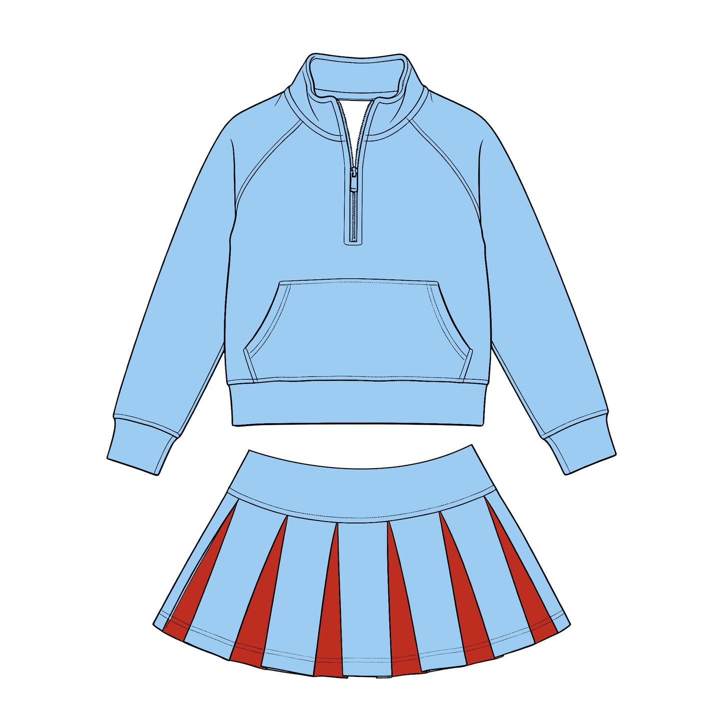 Preorder (moq 5) Baby Girls Light Blue Zip Pockets Pullovers Red Pleated Skirt Short Clothes Sets