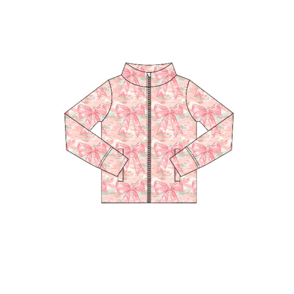 Preorder (moq 5)Baby Girls Long Sleeves Peach Camo Bows Zipper Pockets Yoga Jackets Top