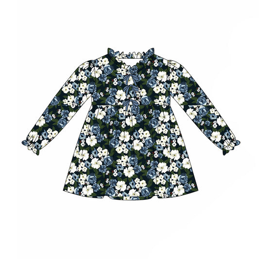 Preorder(moq 5) Baby Girls Long Ruffle Sleeves Hot Blue Floral Knee Length Dresses