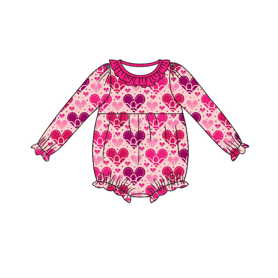 Preorder (moq 5) Baby Girl Clothes Layered Ombre Heart Print Long Sleeve Ruffle Bubble Romper