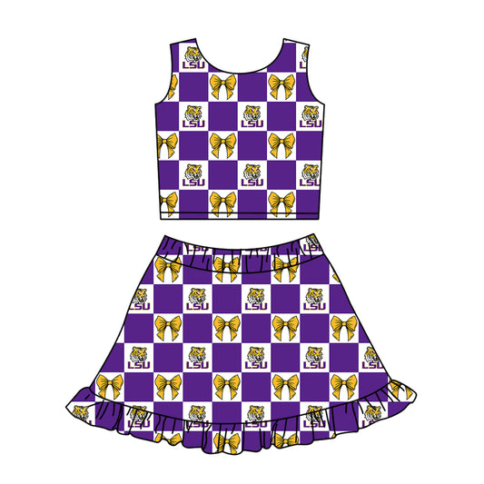 Preorder (moq 5)Baby Girls LSU Bows Checked Vests Ruffle Skirt Shorts Team Clothes Sets