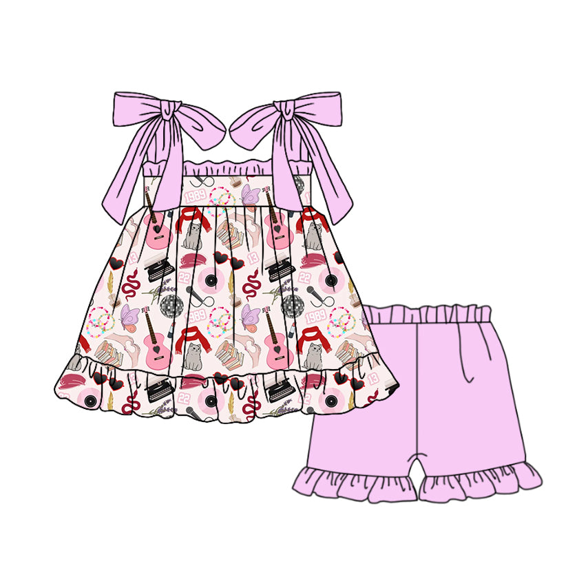 Preorder (moq 5)Baby Girls Singer Guitar Straps Top Ruffle Shorts Clothes Sets