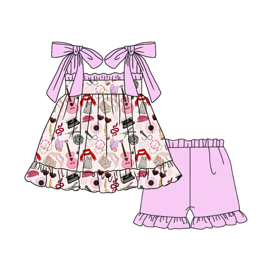 Preorder (moq 5)Baby Girls Singer Guitar Straps Top Ruffle Shorts Clothes Sets