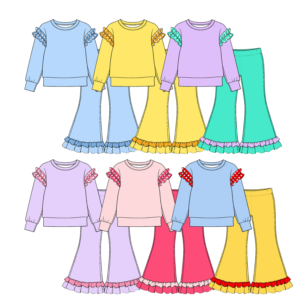 Preorder (moq 5) Baby Girl Clothes Polka Dot Ruffle Sleeve Solid Long Sleeve Ruffle Hem Flare Pant Set