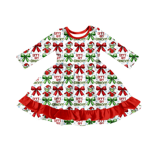 Preorder (moq 5)Baby Girls Christmas Let's Go Frog Ruffle Knee Length Dresses