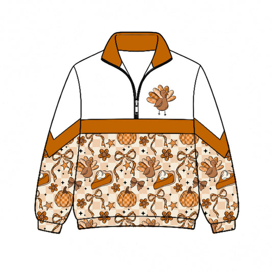 Preorder (moq 5)Baby Girls Turkey Bows Pumpkins Thanksgiving Zip Pullovers Top