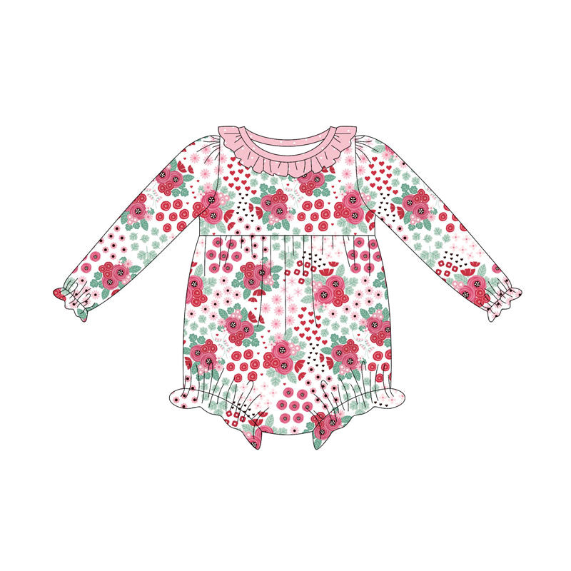 Preorder (moq 5)Baby Girls Long Ruffle Sleeve Pink Flowers Rompers