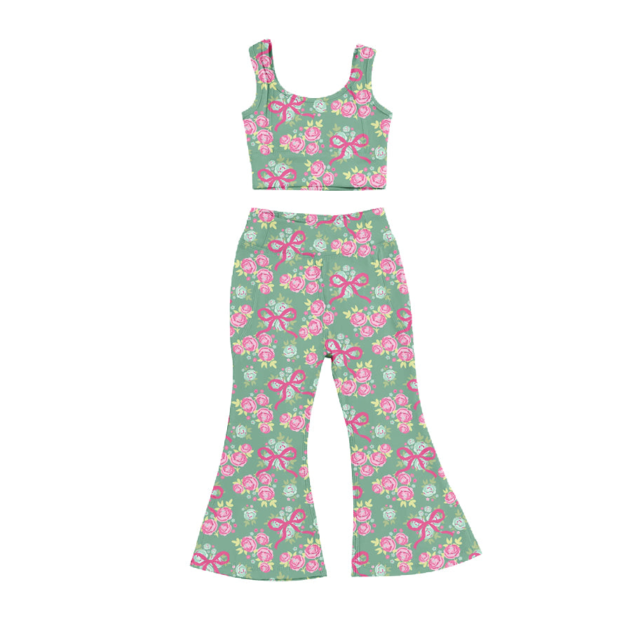 Preorder (moq 5)Baby Girls Green Sleeveless Bows Flowers Vest Top Bell Bottom Pant Set