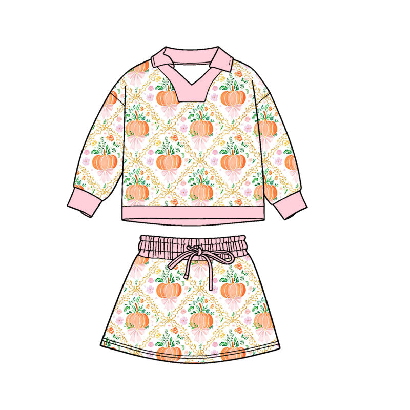 Preorder moq 5 Baby Girls Long Sleeve Flowers Pumpkins Top Skirt Short Fall Clothes Set