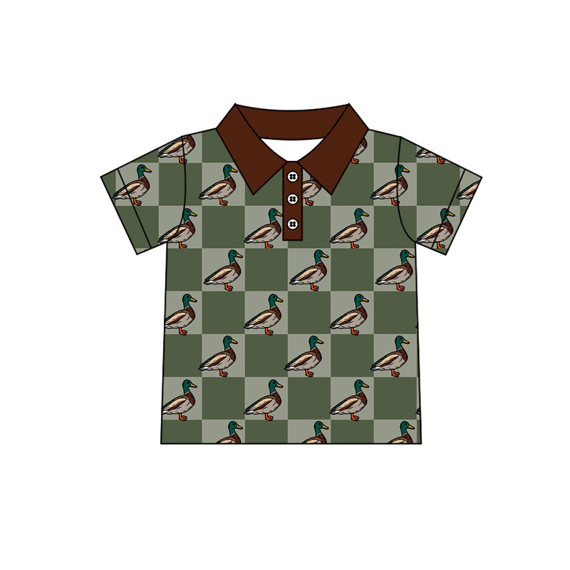 Preorder (moq 5)Baby Boys Green Checkered Ducks Short Sleeve Pullovers Tee Shirts