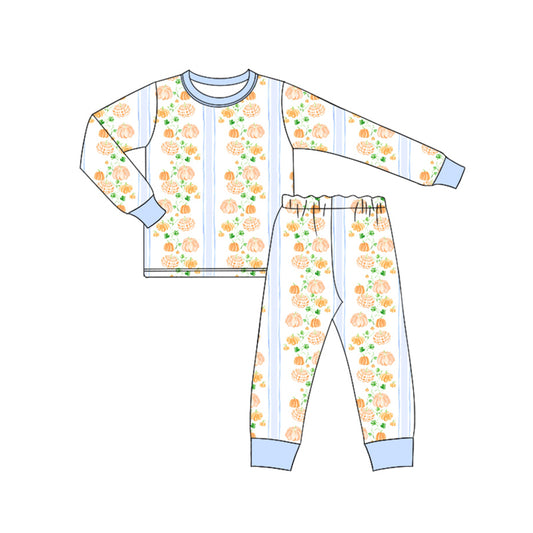 Preorder (moq 5)Baby Boys Long Sleeves Blue Pumpkins Stripes Top Pant Pajamas Set