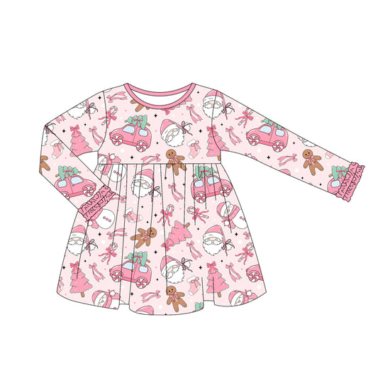 Preorder (moq 5)Baby Girls Pink Long Ruffle Sleeves Santa Cars Trees Knee Length Dresses