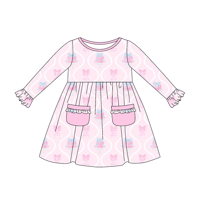 Preorder (moq 5)Baby Girls Pink Long Ruffle Sleeves Bows Gifts Pockets Knee Length Dresses