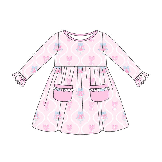 Preorder (moq 5)Baby Girls Pink Long Ruffle Sleeves Bows Gifts Pockets Knee Length Dresses