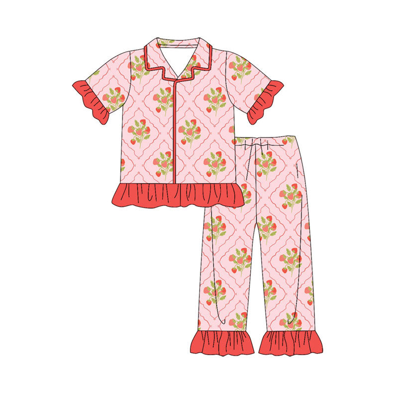 Preorder(moq 8)Baby Girls Strawberry Checked Top Ruffle Pants Pajamas Sets