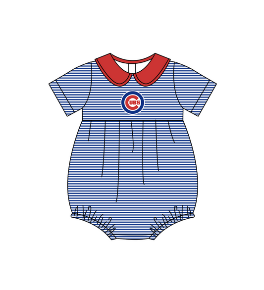 Preorder (moq 5)Baby Girls Short Sleeve Stripe Cubs Team Ruffle Rompers