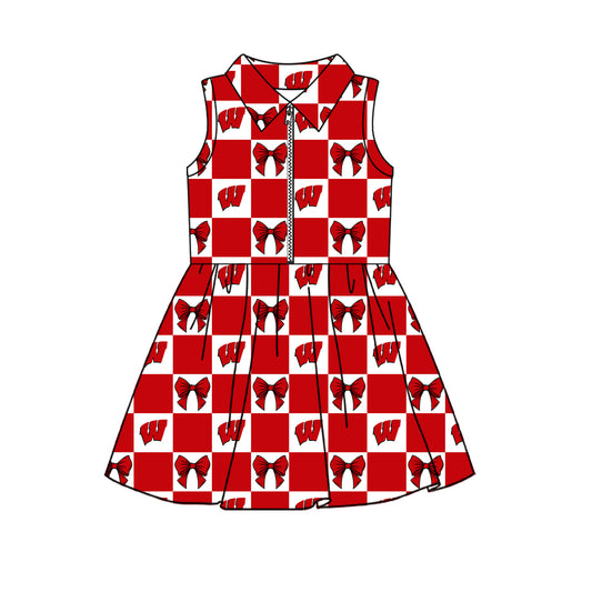 Preorder (moq 5) Baby Girls Sleeveless Bows Wisconsin Checked Team Zip Knee Length Dress
