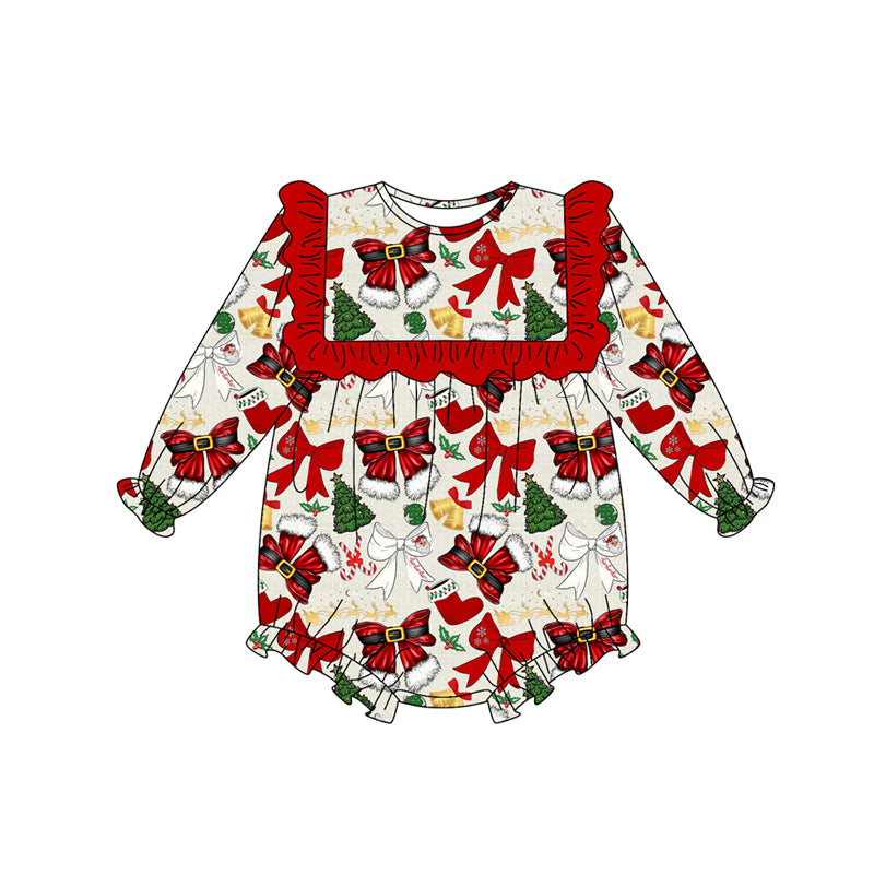 Preorder (moq 5)Baby Girls Long Sleeves Red Bows Trees Holly Plaid Ruffle Romper