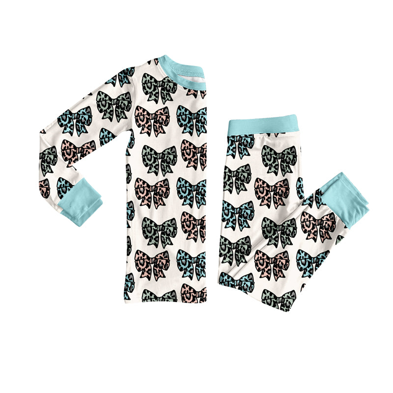 Preorder (moq 5)Baby Girls Long Sleeves Leopard Bows Plaid Top Pant Pajamas Clothes Set