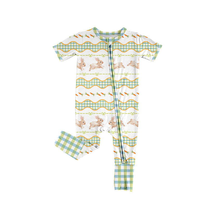 Preorder (moq 5)Baby Girls Rabbits Carrots Bows Stripe Easter Zipper Footie Rompers