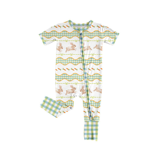 Preorder (moq 5)Baby Girls Rabbits Carrots Bows Stripe Easter Zipper Footie Rompers