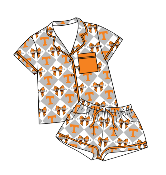 Preorder moq 5 Baby Girls Tennessee Bows Button Pocket Top Shorts Team Pajamas Set